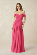 Off - the - Shoulder A - Line Chiffon Pleated Bridesmaid Dress in Fuchsia - KissProm Bridesmaid Dresses