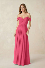 Off - the - Shoulder A - Line Chiffon Pleated Bridesmaid Dress in Fuchsia - KissProm Bridesmaid Dresses