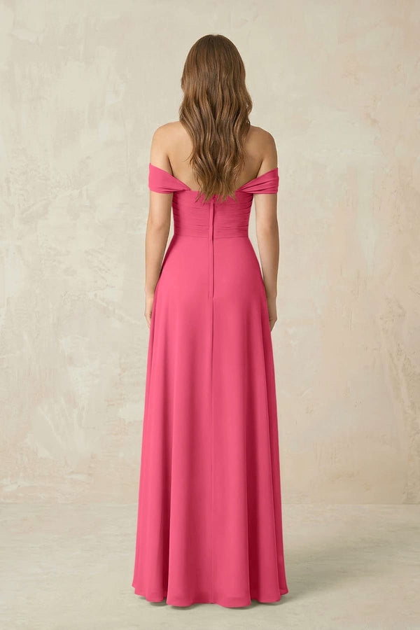 Off - the - Shoulder A - Line Chiffon Pleated Bridesmaid Dress in Fuchsia - KissProm Bridesmaid Dresses