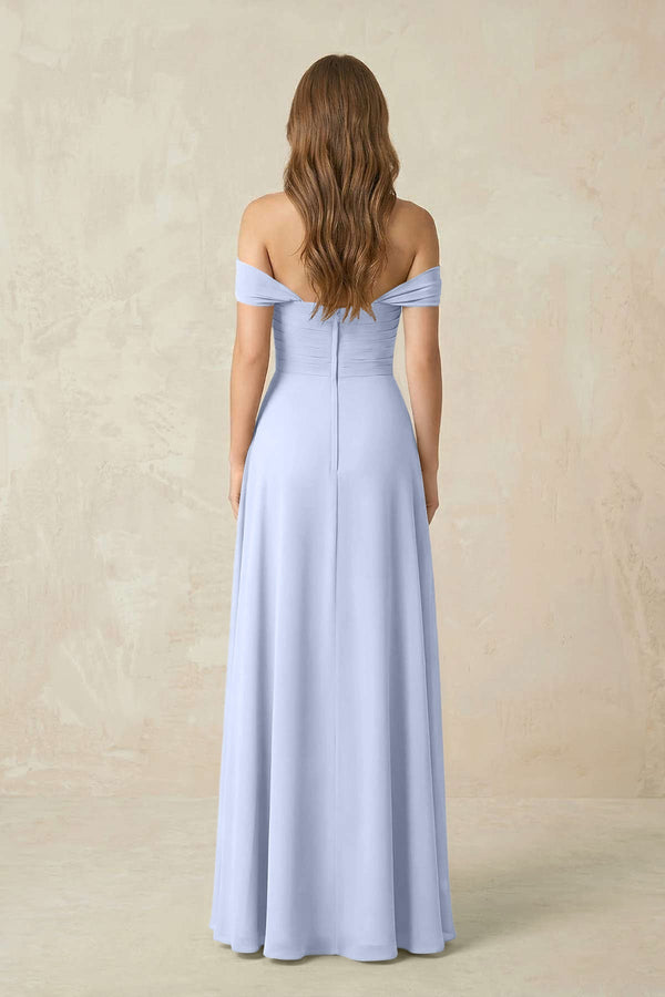 Off - the - Shoulder A - Line Chiffon Pleated Bridesmaid Dress in Ice - KissProm Bridesmaid Dresses