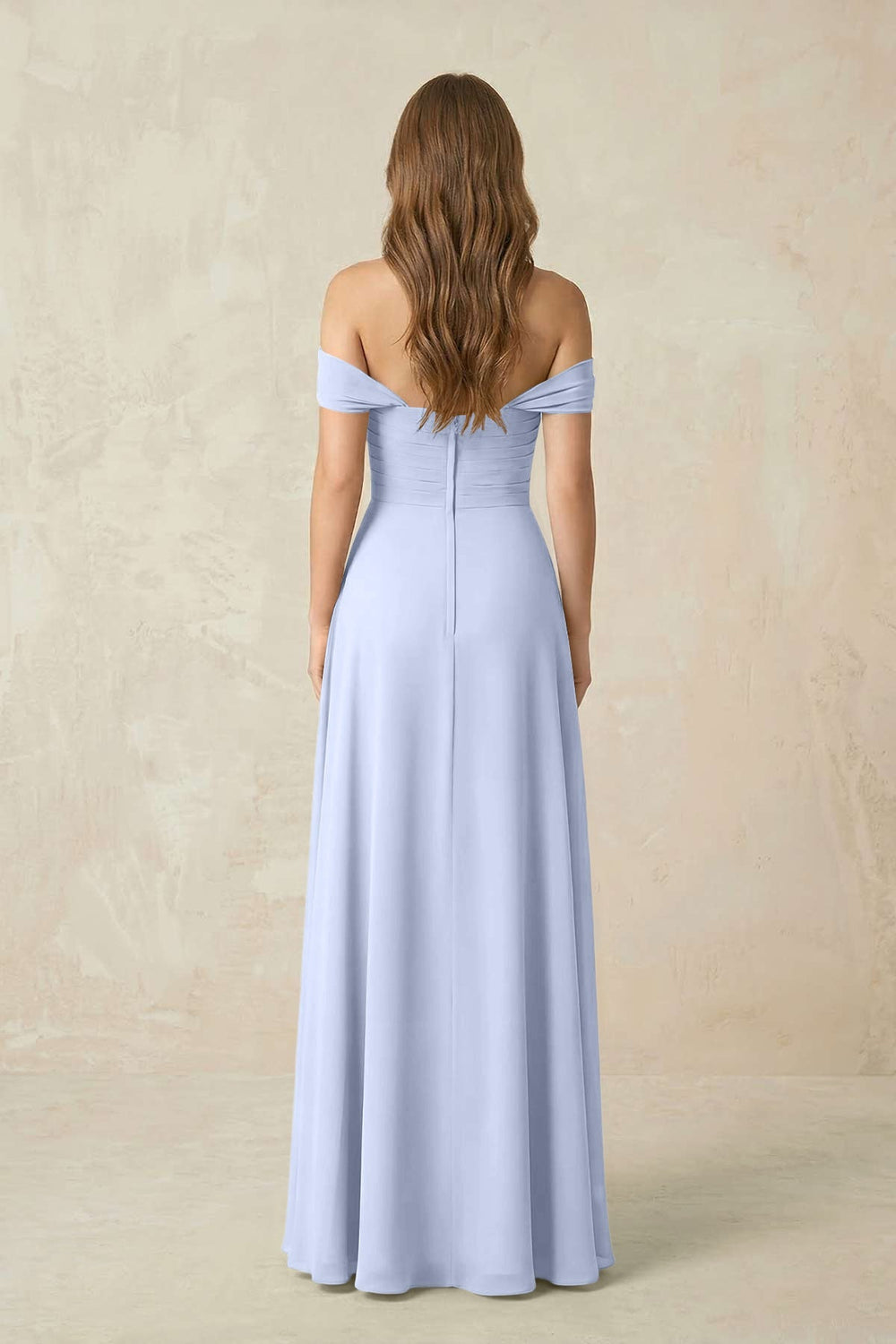 Off - the - Shoulder A - Line Chiffon Pleated Bridesmaid Dress in Ice - KissProm Bridesmaid Dresses