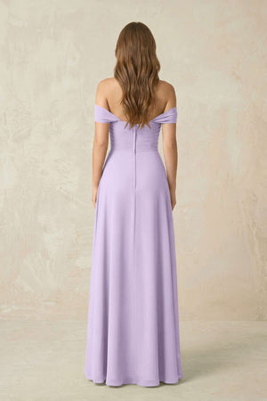 Off - the - Shoulder A - Line Chiffon Pleated Bridesmaid Dress in Lavender - KissProm Bridesmaid Dresses