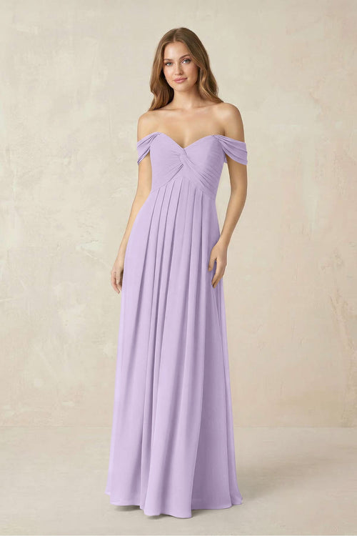 Off - the - Shoulder A - Line Chiffon Pleated Bridesmaid Dress in Lavender - KissProm Bridesmaid Dresses