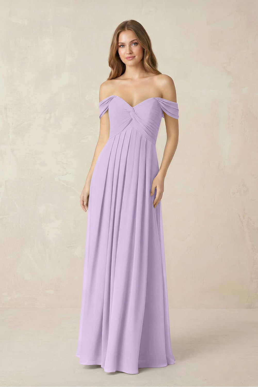 Off - the - Shoulder A - Line Chiffon Pleated Bridesmaid Dress in Lavender - KissProm Bridesmaid Dresses