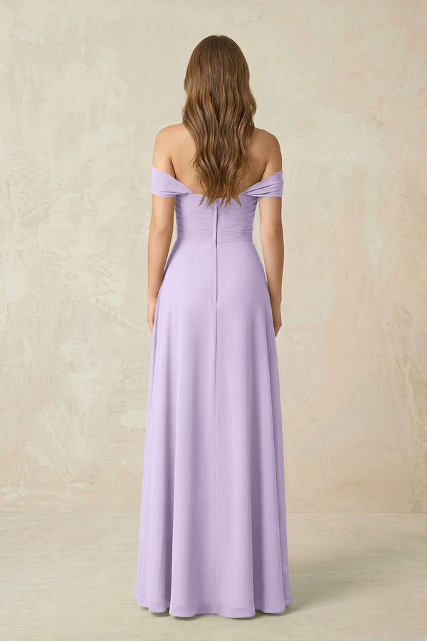 Off - the - Shoulder A - Line Chiffon Pleated Bridesmaid Dress in Lavender - KissProm Bridesmaid Dresses