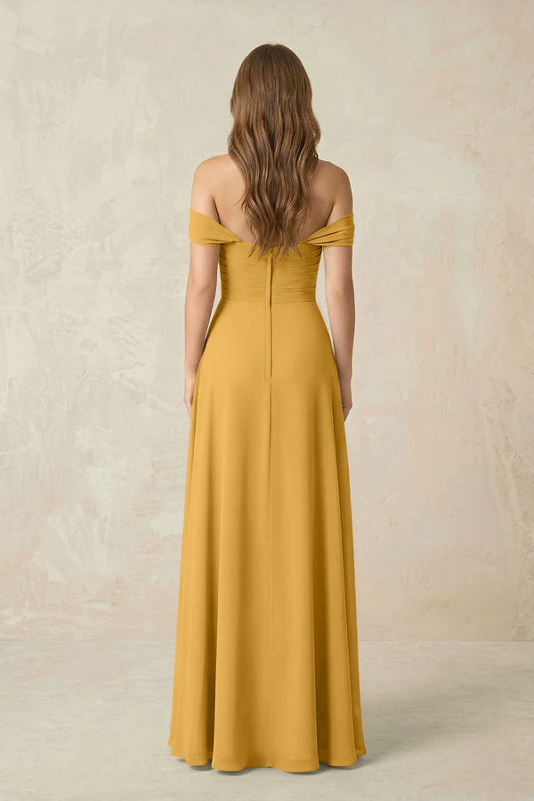 Off - the - Shoulder A - Line Chiffon Pleated Bridesmaid Dress in Marigold - KissProm Bridesmaid Dresses