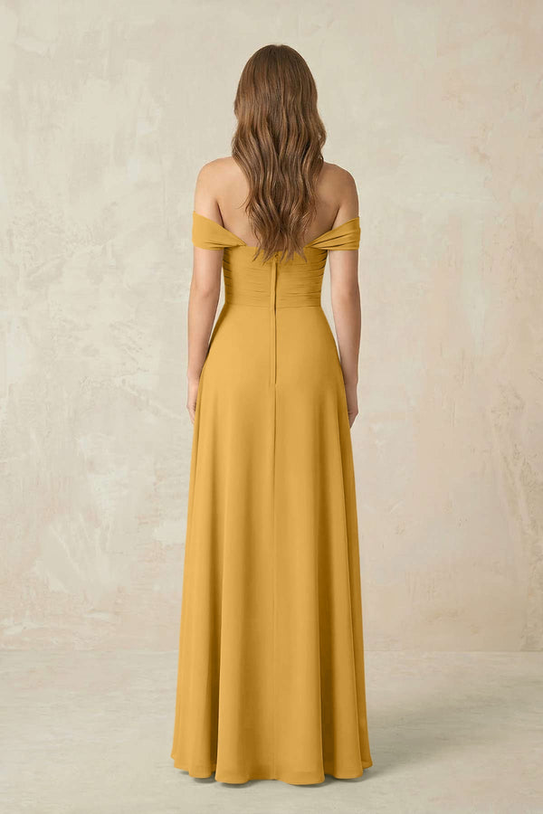 Off - the - Shoulder A - Line Chiffon Pleated Bridesmaid Dress in Marigold - KissProm Bridesmaid Dresses