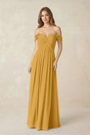 Off - the - Shoulder A - Line Chiffon Pleated Bridesmaid Dress in Marigold - KissProm Bridesmaid Dresses