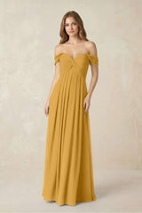 Off - the - Shoulder A - Line Chiffon Pleated Bridesmaid Dress in Marigold - KissProm Bridesmaid Dresses
