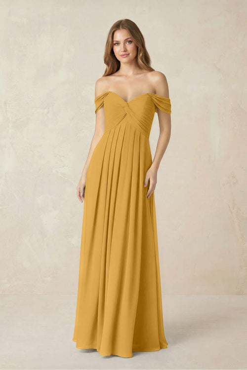 Off - the - Shoulder A - Line Chiffon Pleated Bridesmaid Dress in Marigold - KissProm Bridesmaid Dresses