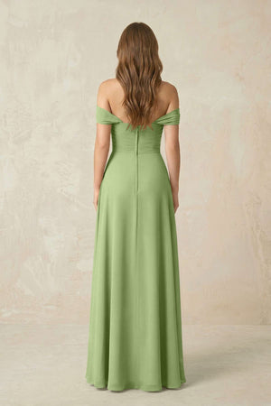 Off - the - Shoulder A - Line Chiffon Pleated Bridesmaid Dress in Matcha - KissProm Bridesmaid Dresses