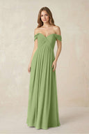 Off - the - Shoulder A - Line Chiffon Pleated Bridesmaid Dress in Matcha - KissProm Bridesmaid Dresses