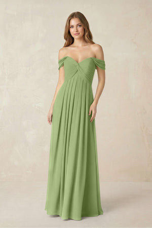 Off - the - Shoulder A - Line Chiffon Pleated Bridesmaid Dress in Matcha - KissProm Bridesmaid Dresses