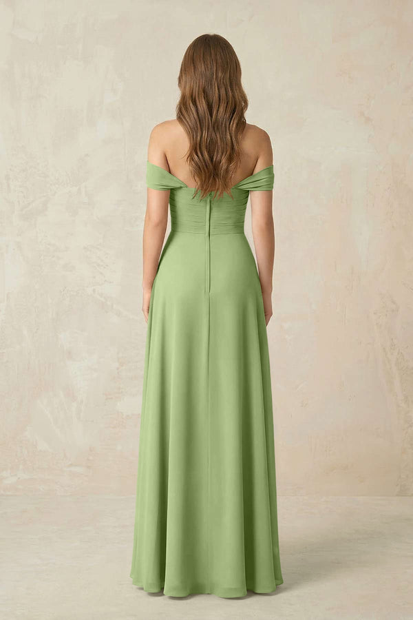 Off - the - Shoulder A - Line Chiffon Pleated Bridesmaid Dress in Matcha - KissProm Bridesmaid Dresses