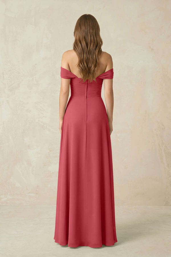 Off - the - Shoulder A - Line Chiffon Pleated Bridesmaid Dress in Merlot - KissProm Bridesmaid Dresses