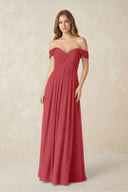 Off - the - Shoulder A - Line Chiffon Pleated Bridesmaid Dress in Merlot - KissProm Bridesmaid Dresses