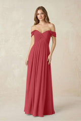 Off - the - Shoulder A - Line Chiffon Pleated Bridesmaid Dress in Merlot - KissProm Bridesmaid Dresses