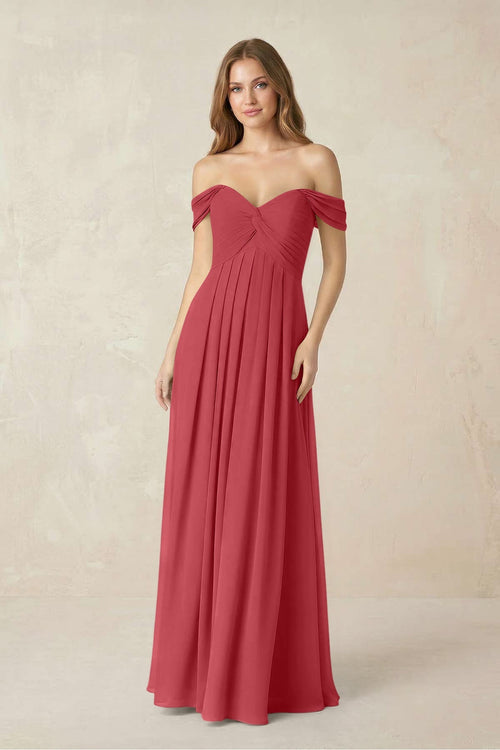 Off - the - Shoulder A - Line Chiffon Pleated Bridesmaid Dress in Merlot - KissProm Bridesmaid Dresses