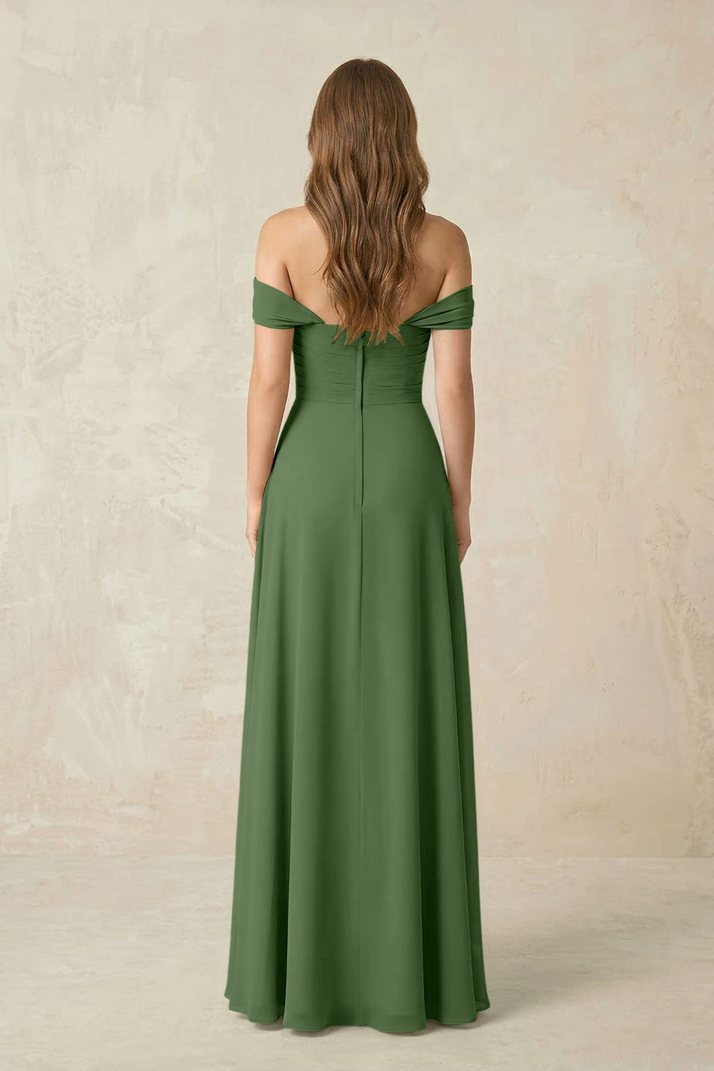 Off - the - Shoulder A - Line Chiffon Pleated Bridesmaid Dress in Moss - KissProm Bridesmaid Dresses