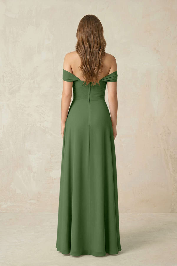 Off - the - Shoulder A - Line Chiffon Pleated Bridesmaid Dress in Moss - KissProm Bridesmaid Dresses