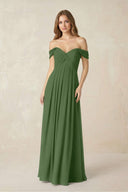 Off - the - Shoulder A - Line Chiffon Pleated Bridesmaid Dress in Moss - KissProm Bridesmaid Dresses
