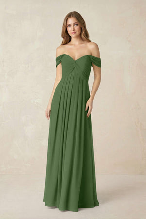 Off - the - Shoulder A - Line Chiffon Pleated Bridesmaid Dress in Moss - KissProm Bridesmaid Dresses