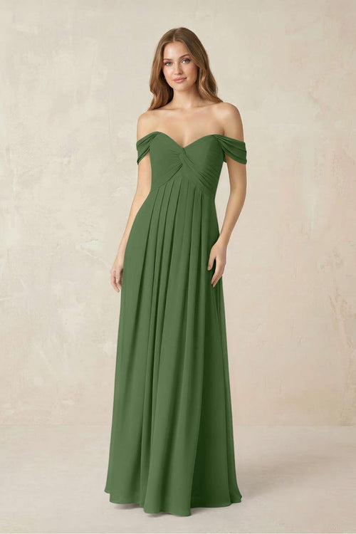Off - the - Shoulder A - Line Chiffon Pleated Bridesmaid Dress in Moss - KissProm Bridesmaid Dresses