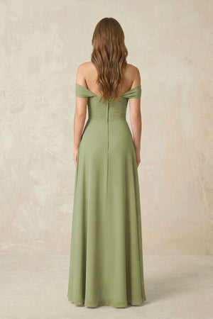 Off - the - Shoulder A - Line Chiffon Pleated Bridesmaid Dress in Moss Green - KissProm Bridesmaid Dresses