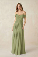 Off - the - Shoulder A - Line Chiffon Pleated Bridesmaid Dress in Moss Green - KissProm Bridesmaid Dresses