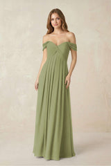 Off - the - Shoulder A - Line Chiffon Pleated Bridesmaid Dress in Moss Green - KissProm Bridesmaid Dresses