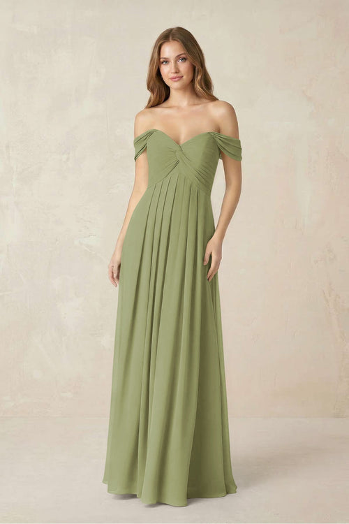 Off - the - Shoulder A - Line Chiffon Pleated Bridesmaid Dress in Moss Green - KissProm Bridesmaid Dresses