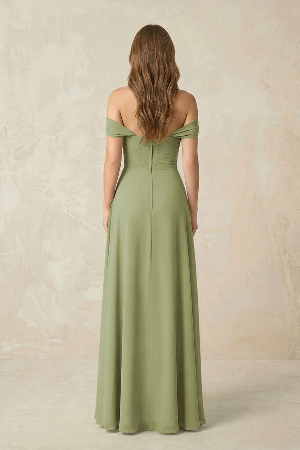 Off - the - Shoulder A - Line Chiffon Pleated Bridesmaid Dress in Moss Green - KissProm Bridesmaid Dresses