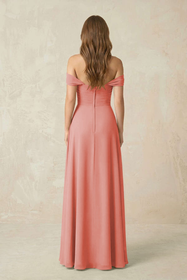 Off - the - Shoulder A - Line Chiffon Pleated Bridesmaid Dress in Mulberry - KissProm Bridesmaid Dresses