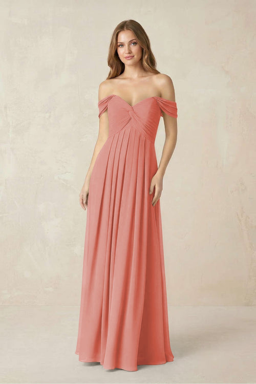 Off - the - Shoulder A - Line Chiffon Pleated Bridesmaid Dress in Mulberry - KissProm Bridesmaid Dresses