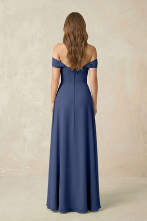 Off - the - Shoulder A - Line Chiffon Pleated Bridesmaid Dress in Navy - KissProm Bridesmaid Dresses