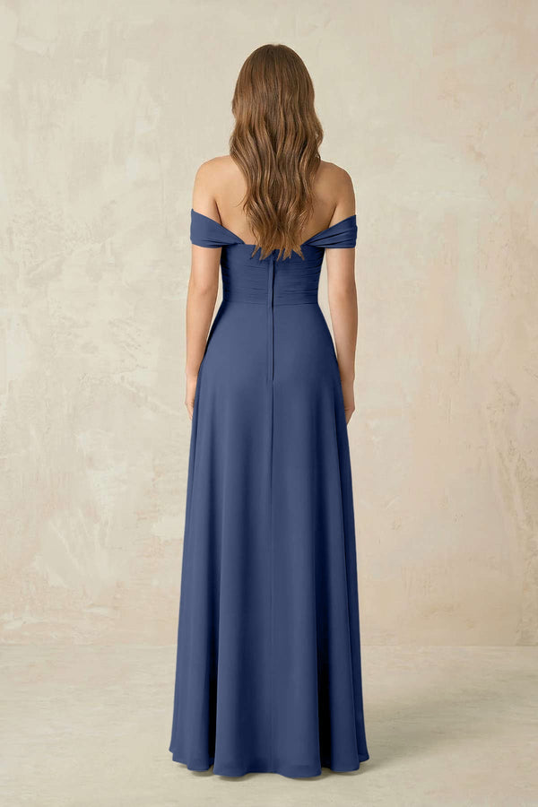 Off - the - Shoulder A - Line Chiffon Pleated Bridesmaid Dress in Navy - KissProm Bridesmaid Dresses