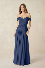 Off - the - Shoulder A - Line Chiffon Pleated Bridesmaid Dress in Navy - KissProm Bridesmaid Dresses