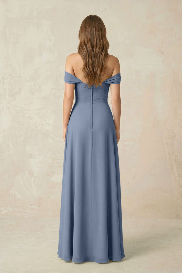 Off - the - Shoulder A - Line Chiffon Pleated Bridesmaid Dress in Neptune - KissProm Bridesmaid Dresses