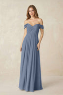 Off - the - Shoulder A - Line Chiffon Pleated Bridesmaid Dress in Neptune - KissProm Bridesmaid Dresses