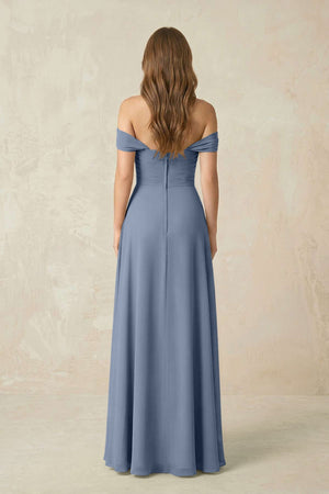 Off - the - Shoulder A - Line Chiffon Pleated Bridesmaid Dress in Neptune - KissProm Bridesmaid Dresses
