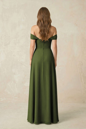Off - the - Shoulder A - Line Chiffon Pleated Bridesmaid Dress in Olive - KissProm Bridesmaid Dresses