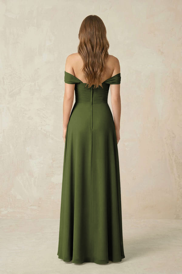 Off - the - Shoulder A - Line Chiffon Pleated Bridesmaid Dress in Olive - KissProm Bridesmaid Dresses