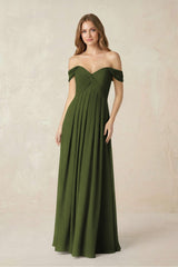 Off - the - Shoulder A - Line Chiffon Pleated Bridesmaid Dress in Olive - KissProm Bridesmaid Dresses