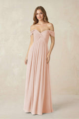 Off - the - Shoulder A - Line Chiffon Pleated Bridesmaid Dress in Pale Blush - KissProm Bridesmaid Dresses