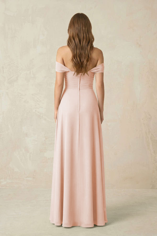Off - the - Shoulder A - Line Chiffon Pleated Bridesmaid Dress in Pale Blush - KissProm Bridesmaid Dresses