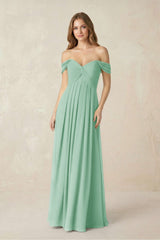 Off - the - Shoulder A - Line Chiffon Pleated Bridesmaid Dress in Pale Pistachio - KissProm Bridesmaid Dresses