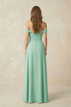 Off - the - Shoulder A - Line Chiffon Pleated Bridesmaid Dress in Pale Pistachio - KissProm Bridesmaid Dresses