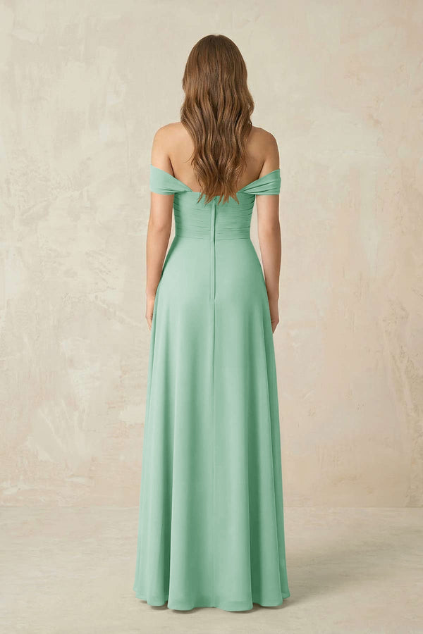 Off - the - Shoulder A - Line Chiffon Pleated Bridesmaid Dress in Pale Pistachio - KissProm Bridesmaid Dresses