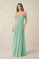 Off - the - Shoulder A - Line Chiffon Pleated Bridesmaid Dress in Pale Pistachio - KissProm Bridesmaid Dresses