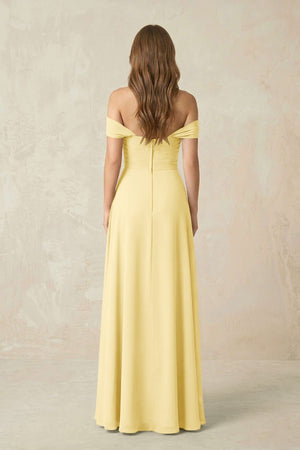 Off - the - Shoulder A - Line Chiffon Pleated Bridesmaid Dress in Pastel Yellow - KissProm Bridesmaid Dresses